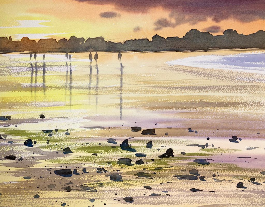 Watercolor painting of a beach in Anglesey, Wales.