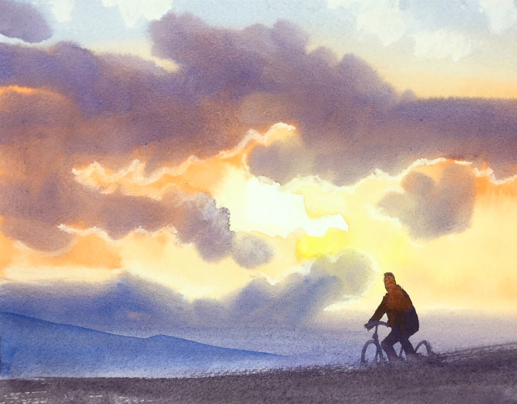 Watercolor painting of a cyclist by the river bank at evening time.