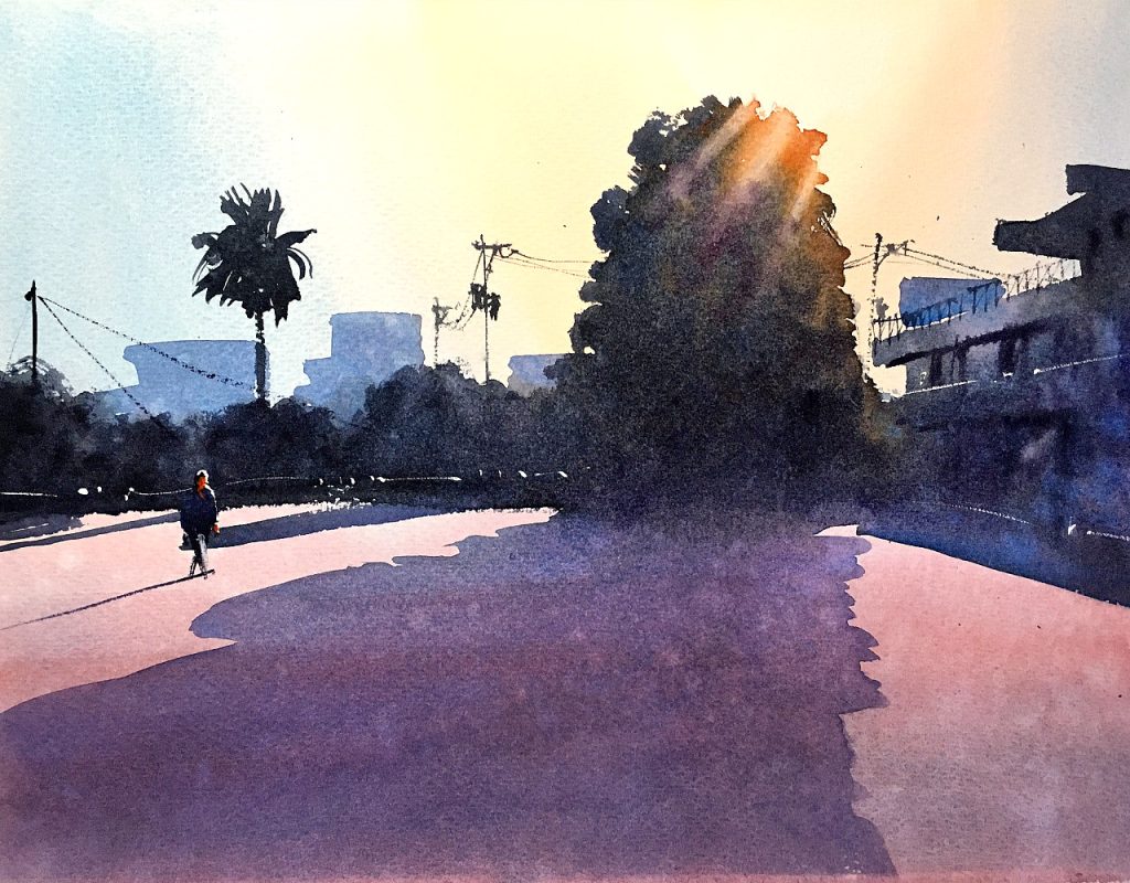 Watercolor painting of a long evening shadow. This is Nagahama elementary school in Oita prefecture, Japan.