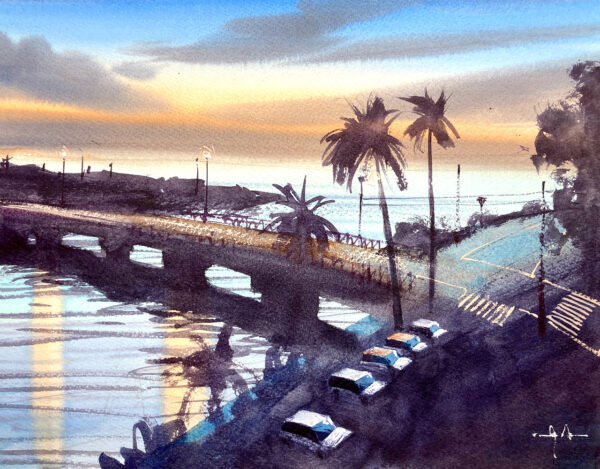 This is the beautiful view of the sea and the sun rising from a hotel window. This place is Nichinan in Miyazaki prefecture, Japan. This picture was painted in 2021.
