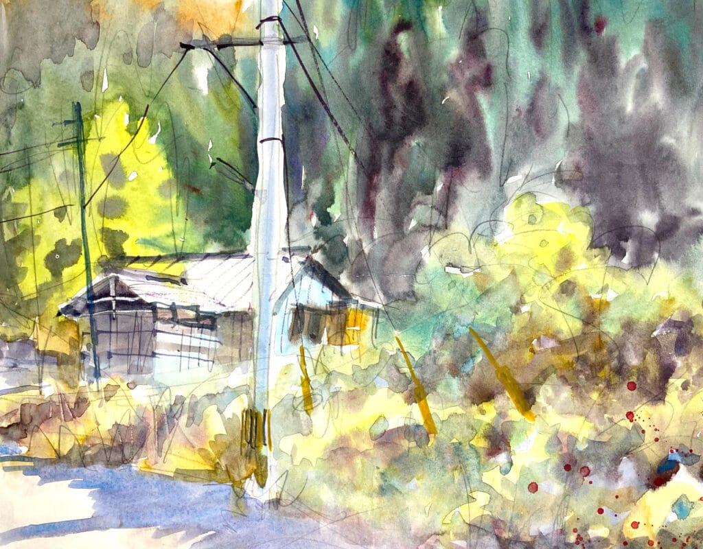 Unusual watercolor painting of a Japanese utility pole in the countryside