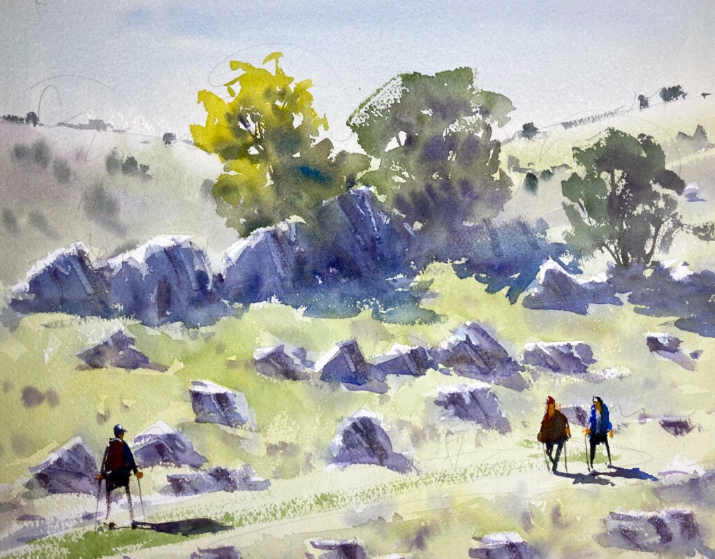 Watercolor painting of trekkers on a mountain path