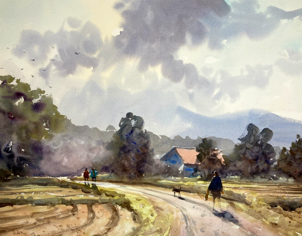 Painting of a man and his dog taking a stroll along a countryside path