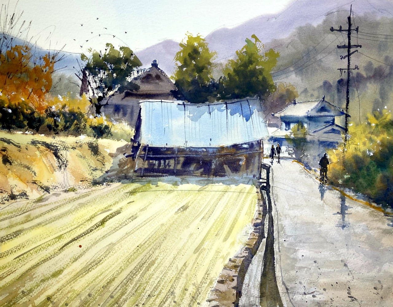 Watercolor painting of an old Japanese shed