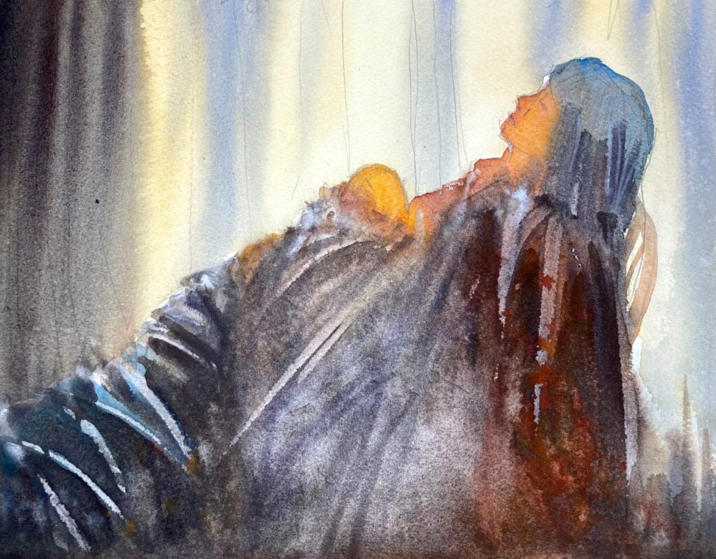 Watercolor painting of a mother sitting on a chair and holding her daughter. Both are asleep.