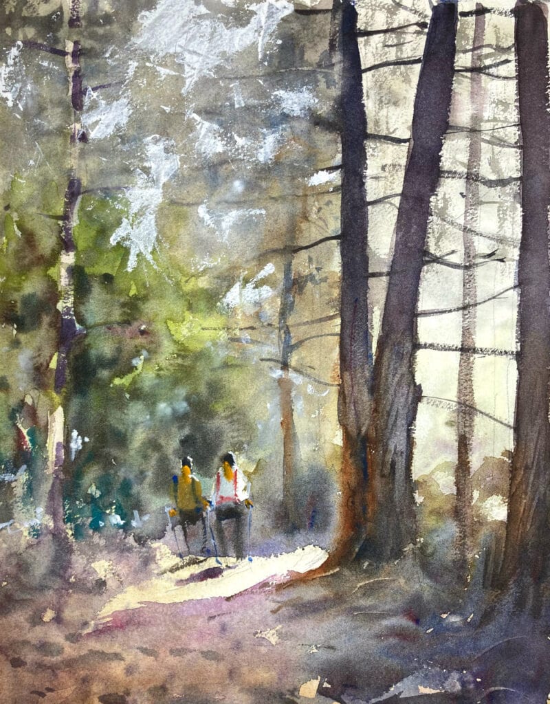 Watercolor painting of two hikers walking along a forest path that goes up to the top of Ryozen mountain