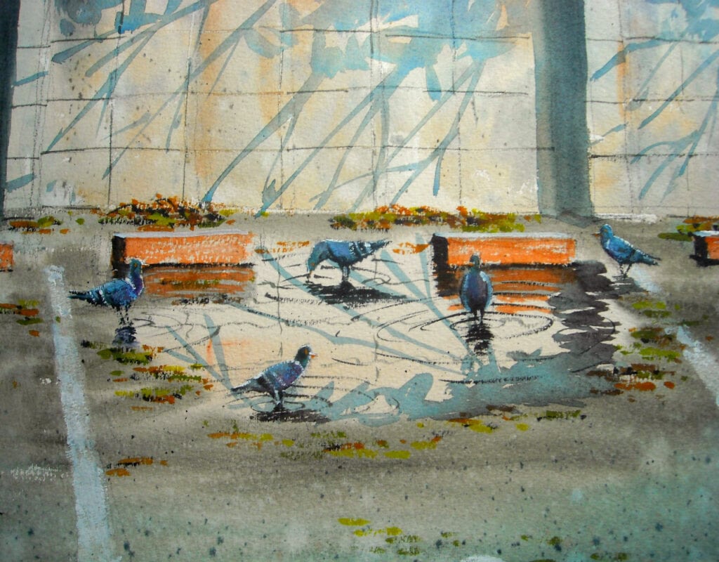 Watercolor painting of pigeons and a puddle in a car park