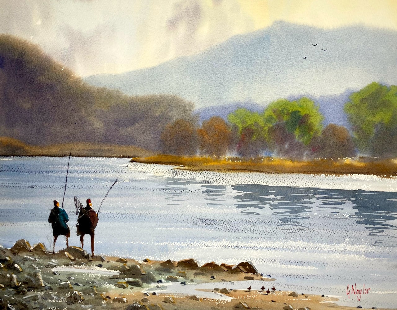 A painting of two fishermen by a beautiful Japanese river