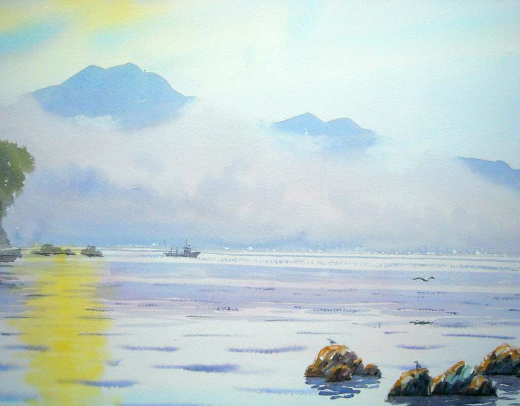 Watercolor painting of Beppu bay at evening time