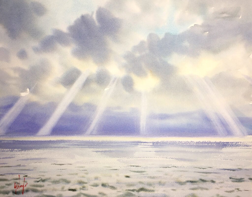 Watercolor painting of rays of light hitting the sea