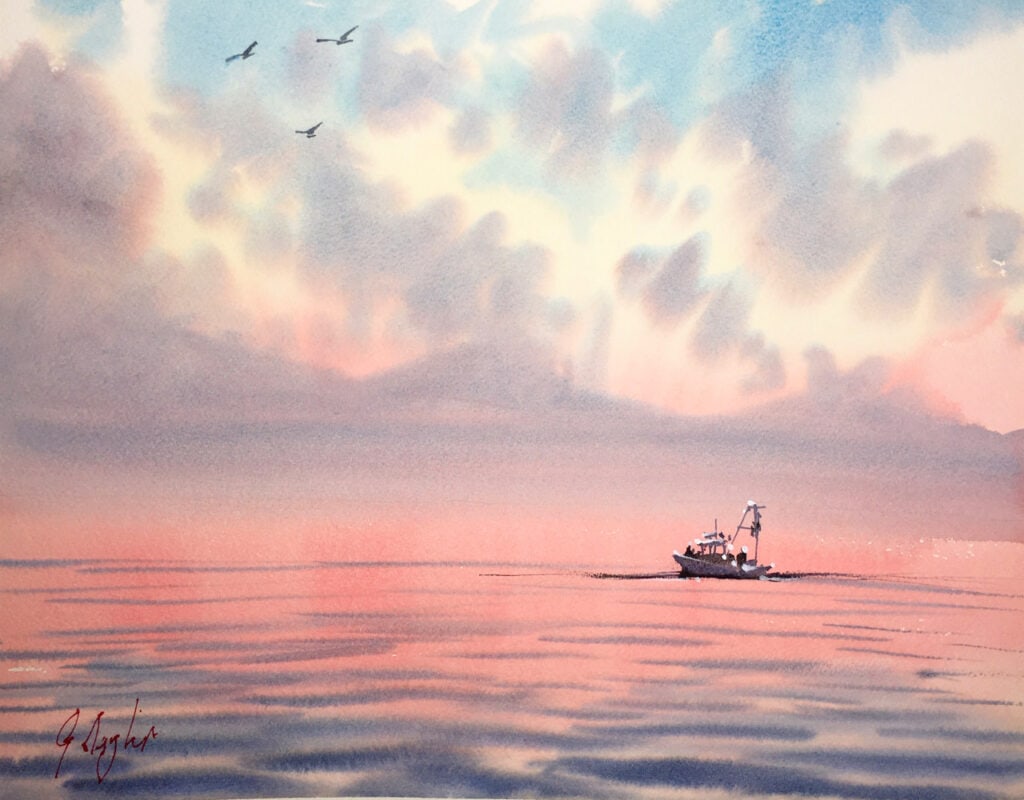 Watercolor painting of a seascape with a fishing boat and a dramatically red evening sky