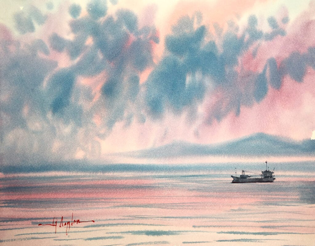 Watercolor painting of a ship crossing Beppu bay with a beautiful evening sky