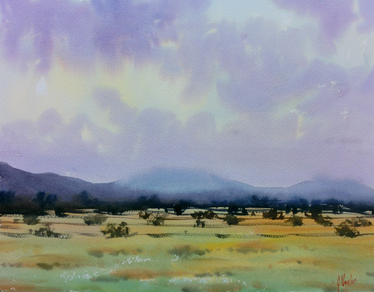 Watercolor painting of the fields and mountains in Aso, Kumamoto prefecture, Japan.