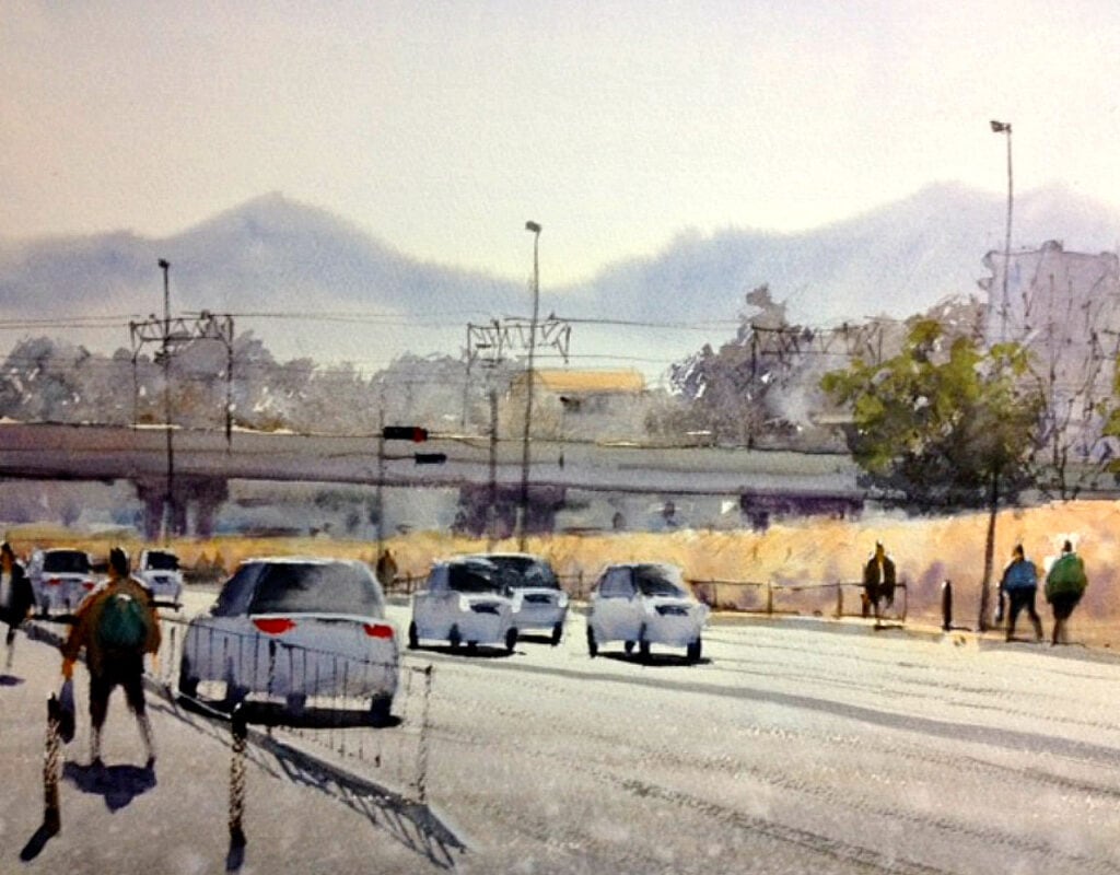 Watercolor painting of a busy road with a beautiful view of the nearby city center and distant mountains