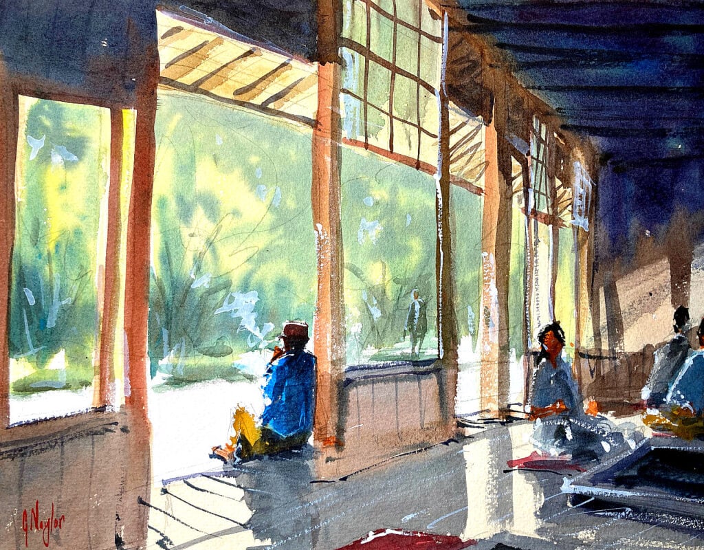 Watercolor painting of the interior of a traditional Japanese restaurant. 