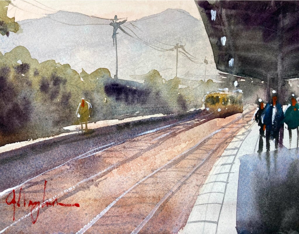 Watercolor painting of a figure walking along the platform of a small Japanese train station
