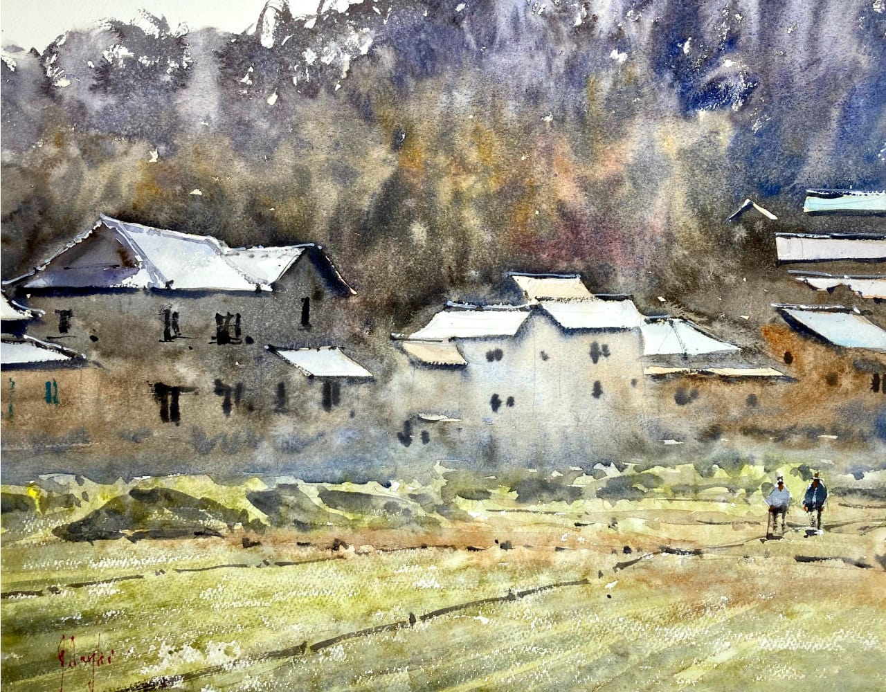 Watercolor painting of Japanese rice fields in Usuki