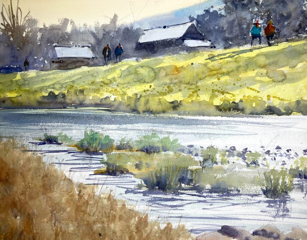 Watercolor painting of people walking by a grassy river bank