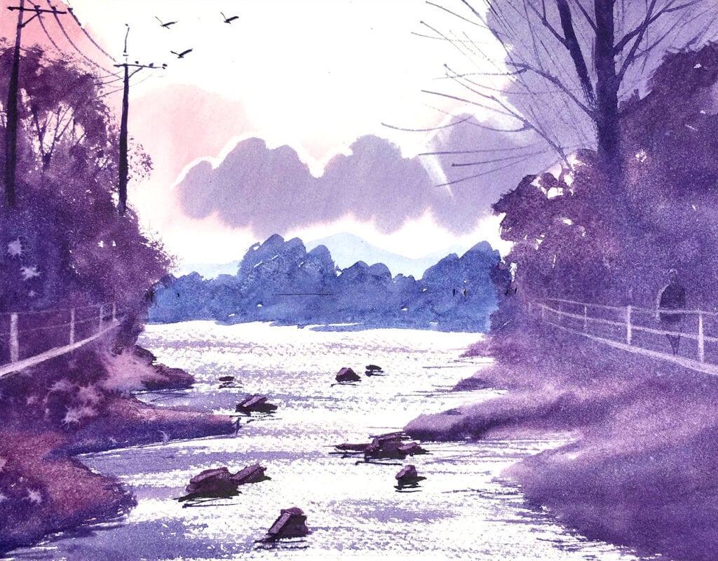 Watercolor demo painting of a river