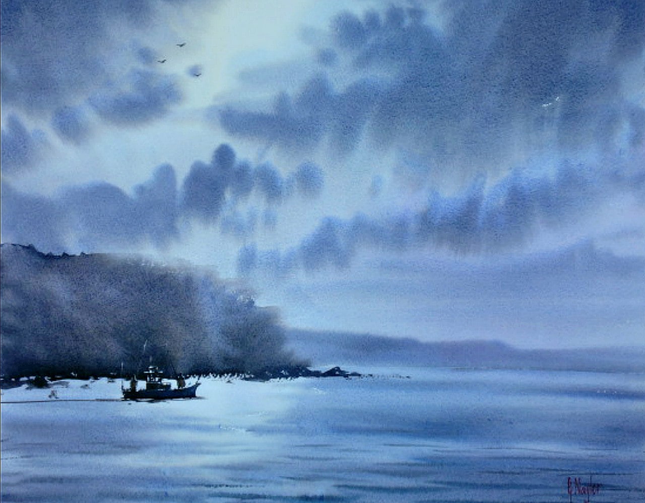 Watercolor painting of a moonlit sea scene