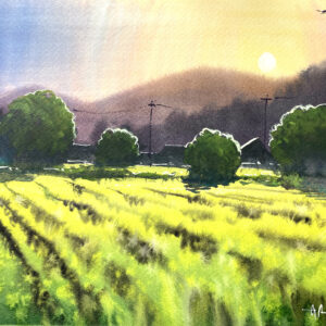 Japanese rice field at evening time - Watercolor demonstration