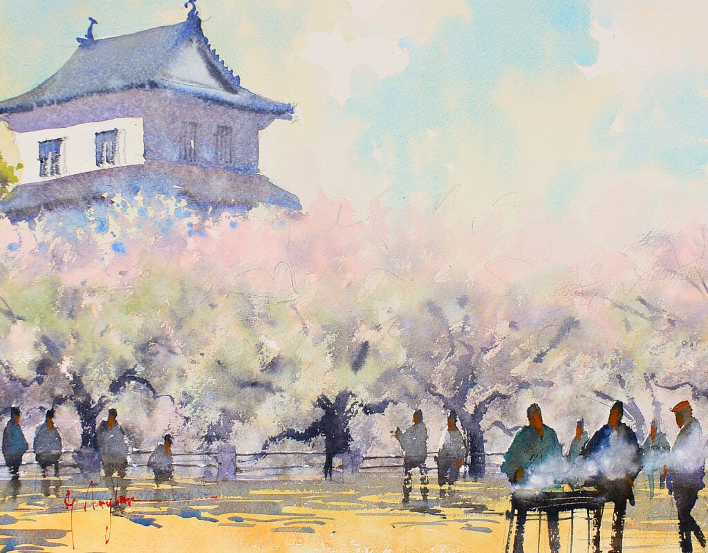 Watercolor painting of people having a barbecue during the Cherry blossom season