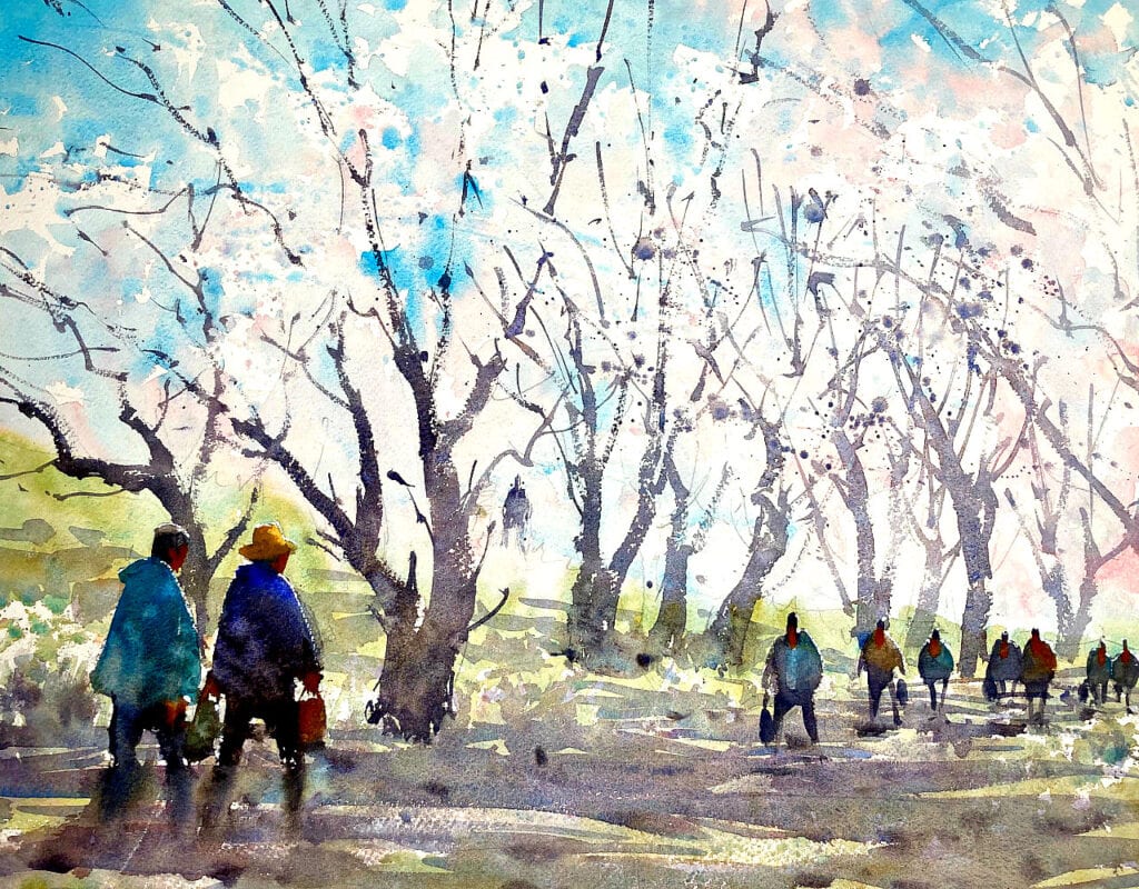 Watercolor painting of people strolling under the Cherry blossom trees