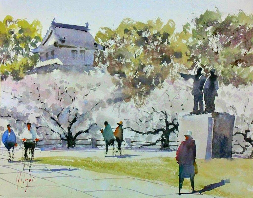 Watercolor painting of a statue by Oita castle and behind it Cherry blossom trees