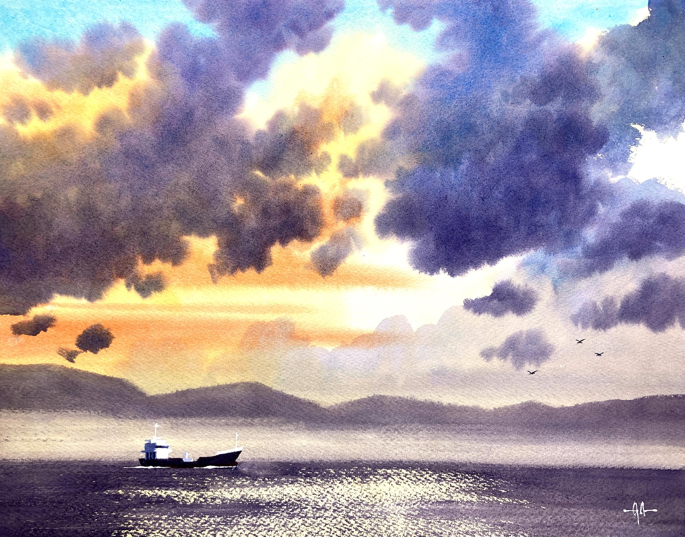 Sea scene with a dramatic evening sky – Watercolor demonstration – Advanced lesson