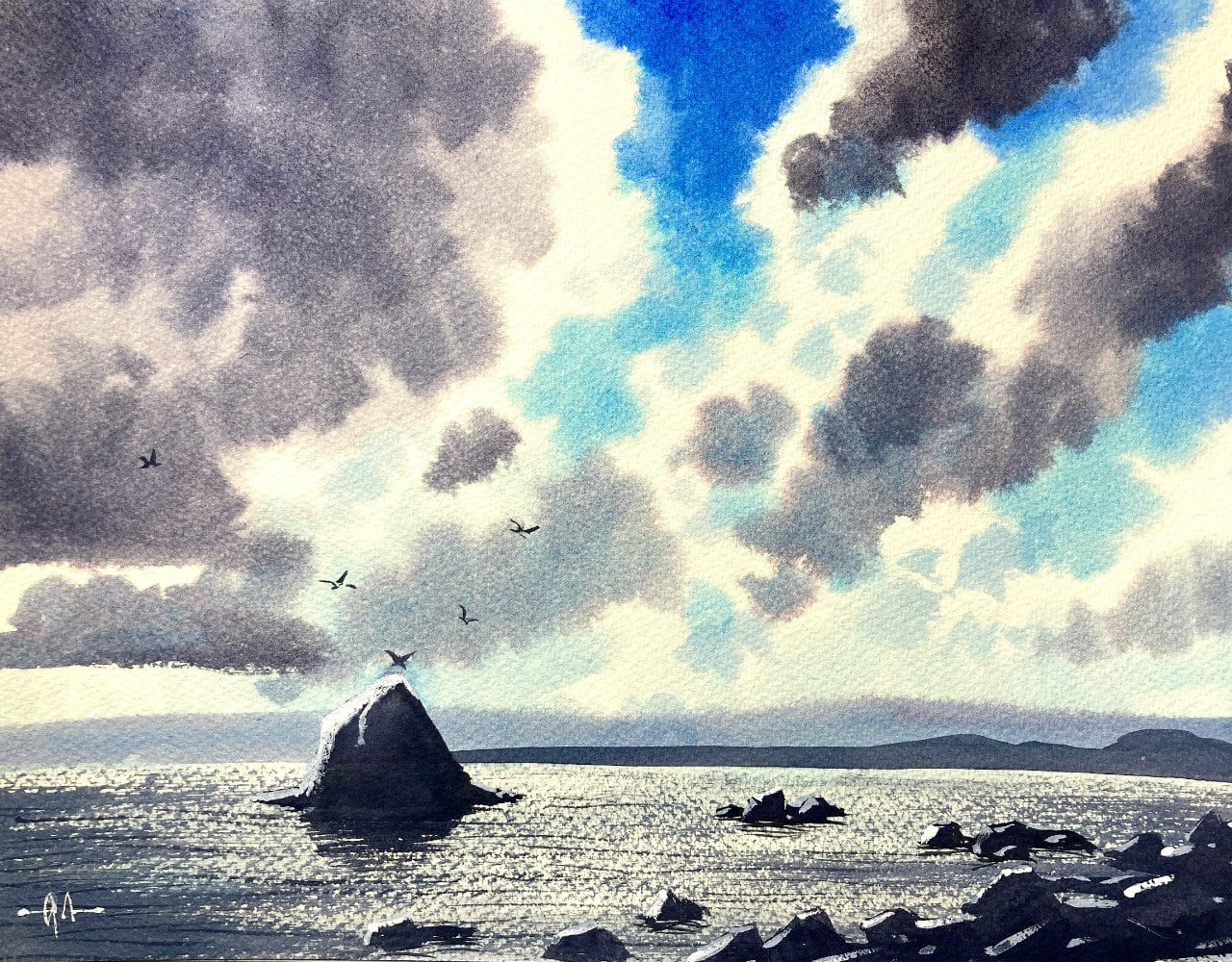 Beautiful fluffy white clouds – Watercolor demonstration – Intermediate lesson
