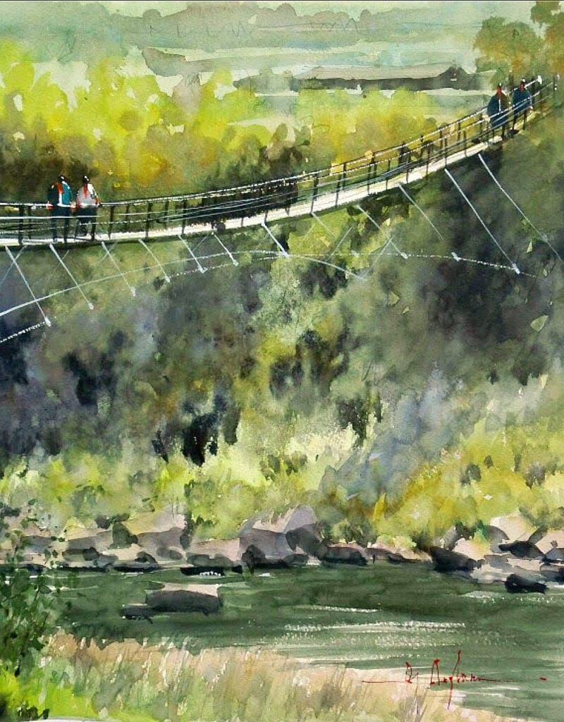 Watercolor painting of a suspended footbridge