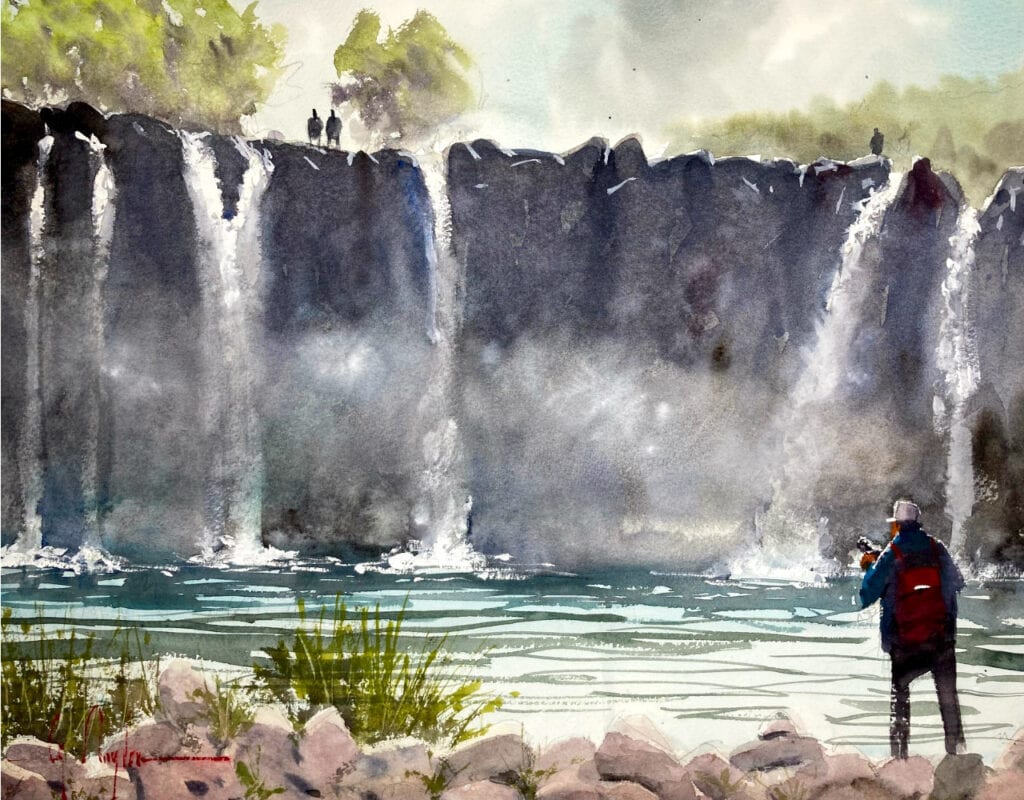 Watercolor painting of Harajiri waterfall from the bottom