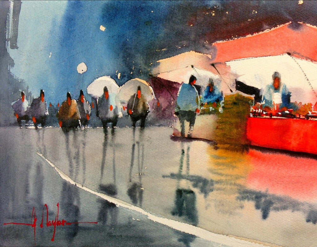 Watercolor painting of a Japanese festival in the rain