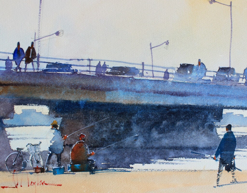 Watercolor painting of friends fishing by the river