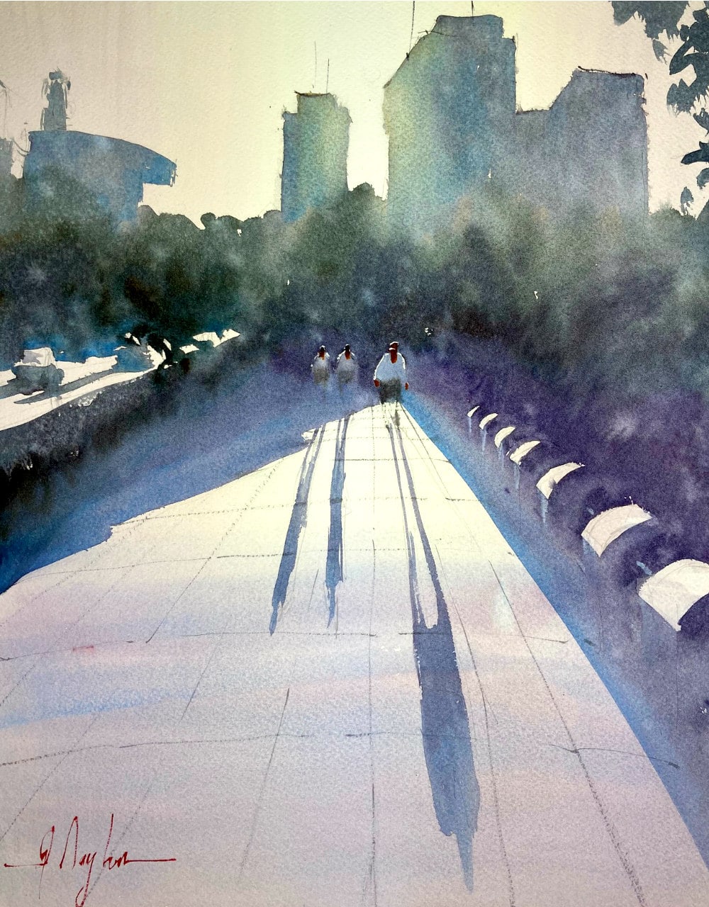 Watercolor painting of a street by Oita castle