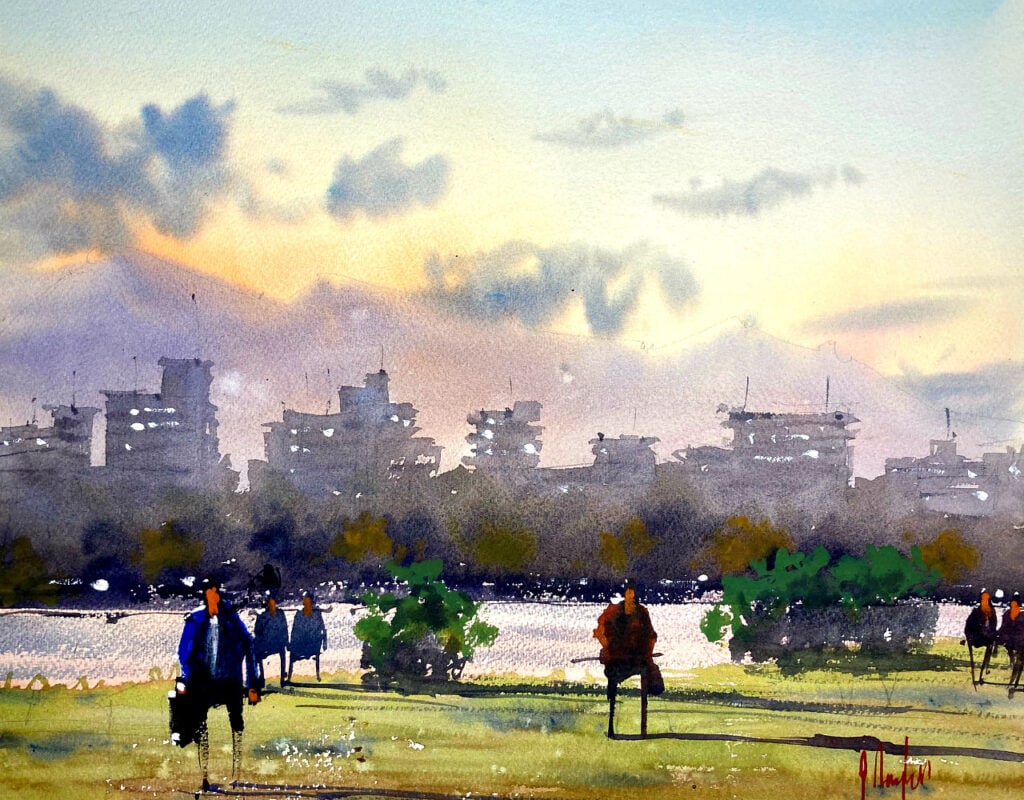 Watercolor painting of beautiful evening sky by a river