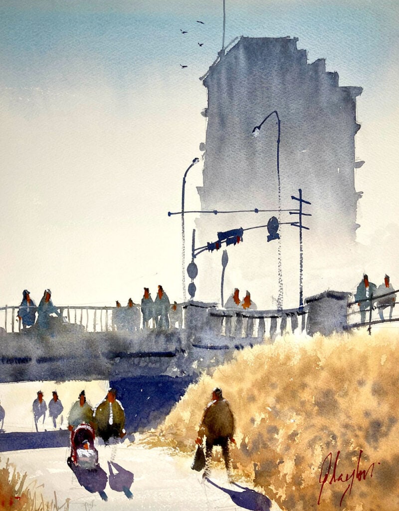 Watercolor painting of people strolling by the river on a sunny and misty day