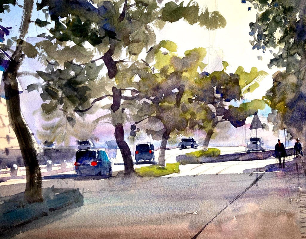 Watercolor painting of the street by Oita castle