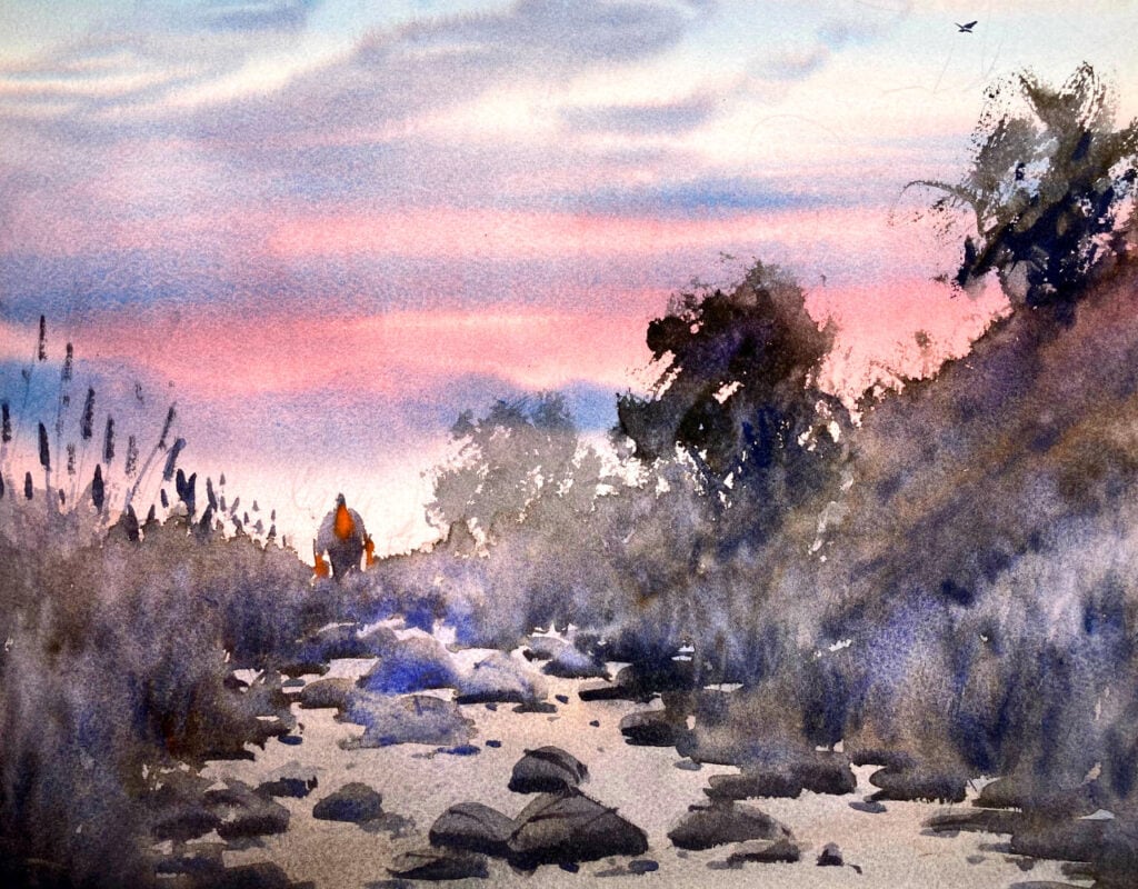 Watercolor painting of Mt Yufudake at dusk