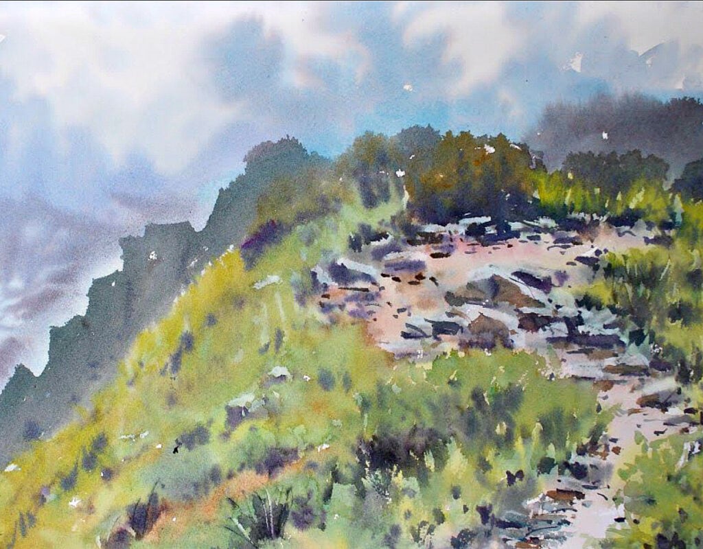 Watercolor painting of a mountain trail