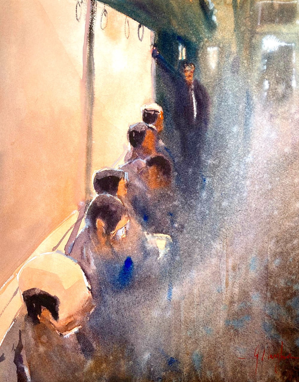 Watercolor painting of the sunlit interior of a Japanese train