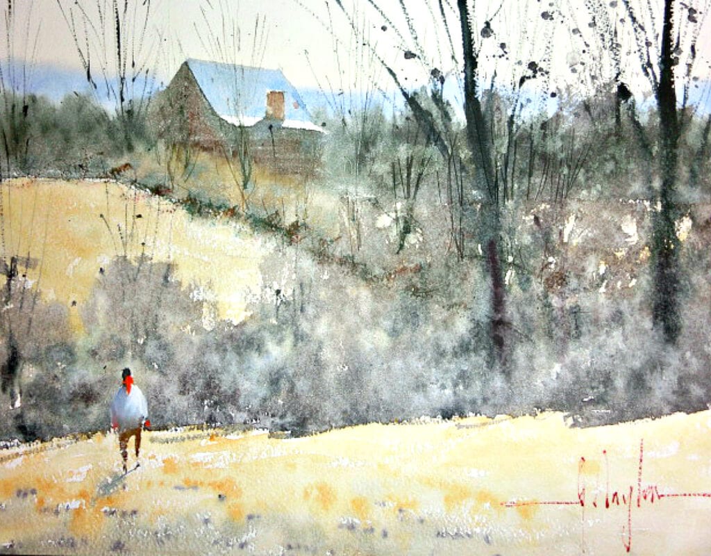 Watercolor painting of golden winter fields
