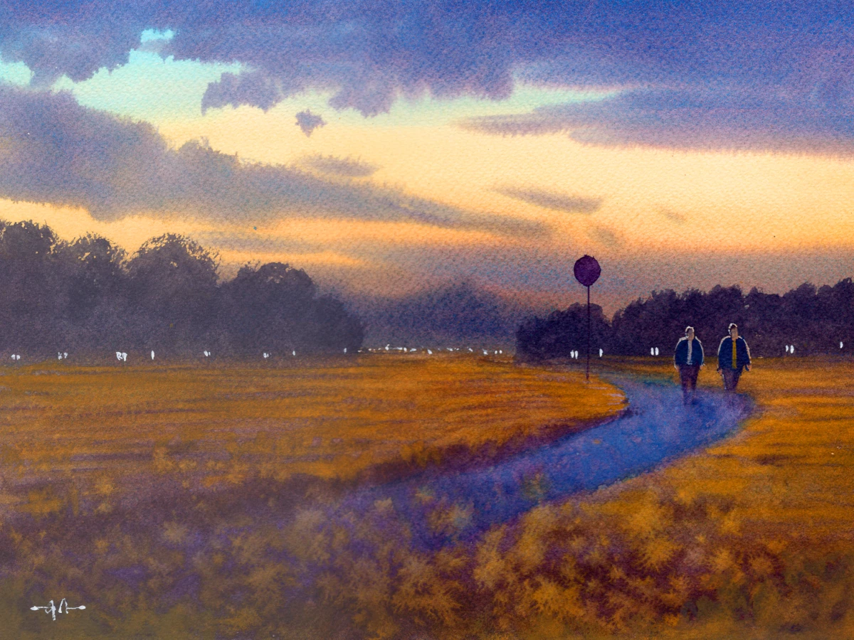 Peaceful painting of two people walking along a countryside path at evening time